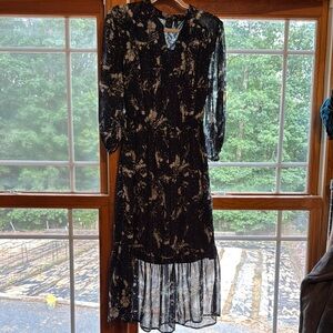 Kaari Blue Navy and Gold Sheath Dress with Bishop Sleeves